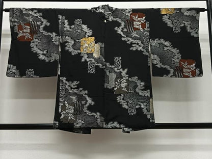 平和屋着物＃羽織　寿光織　立波色紙花文　黒地　金銀糸　正絹　逸品　CABG3967ua