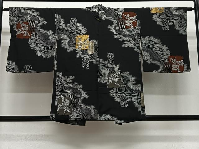 平和屋着物＃羽織　寿光織　立波色紙花文　黒地　金銀糸　正絹　逸品　CABG3967ua
