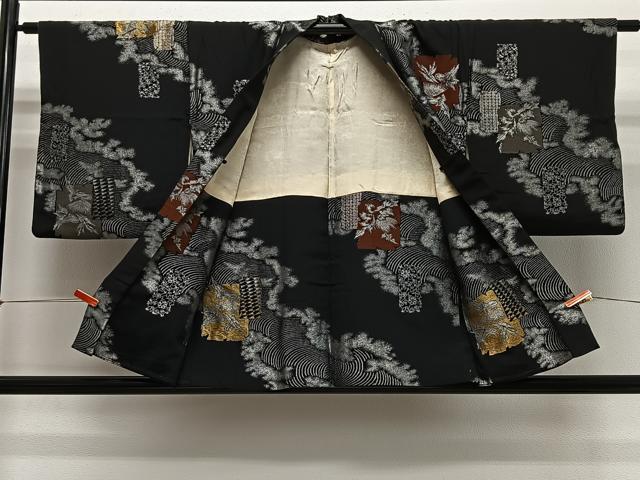 平和屋着物＃羽織　寿光織　立波色紙花文　黒地　金銀糸　正絹　逸品　CABG3967ua