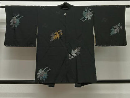 平和屋着物＃羽織 寿光織 草花文 黒地 金銀糸 正絹 逸品 CABG3977ua