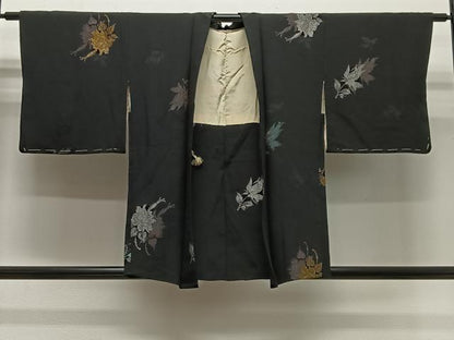 平和屋着物＃羽織 寿光織 草花文 黒地 金銀糸 正絹 逸品 CABG3977ua
