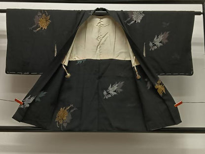 平和屋着物＃羽織 寿光織 草花文 黒地 金銀糸 正絹 逸品 CABG3977ua