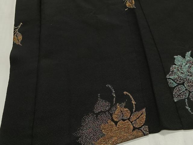 平和屋着物＃羽織 寿光織 草花文 黒地 金銀糸 正絹 逸品 CABG3977ua
