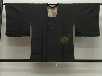 平和屋着物＃道行コート 寿光織 風景文 黒地 金銀糸 正絹 逸品 CABG3978ua