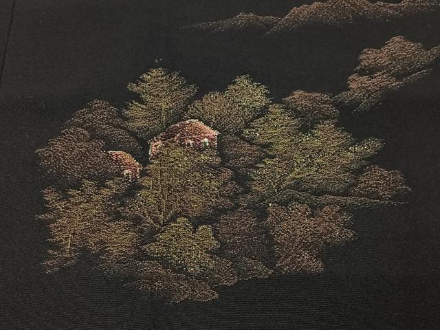 平和屋着物＃道行コート 寿光織 風景文 黒地 金銀糸 正絹 逸品 CABG3978ua