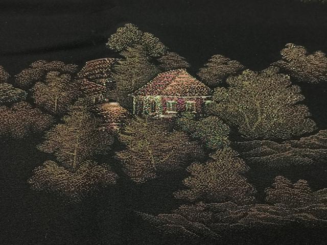 平和屋着物＃道行コート 寿光織 風景文 黒地 金銀糸 正絹 逸品 CABG3978ua