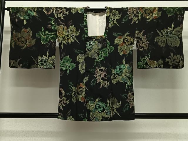 平和屋着物＃道行コート 寿光織 舞花文 黒地 金銀糸 正絹 逸品 CABG3983ua
