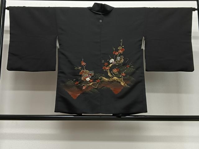 平和屋着物＃羽織　寿光織　枝花文　黒地　金銀糸　正絹　逸品　CABG3994ua