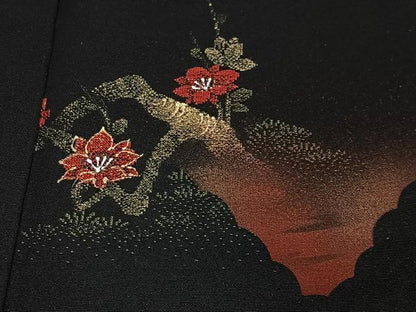平和屋着物＃羽織　寿光織　枝花文　黒地　金銀糸　正絹　逸品　CABG3994ua