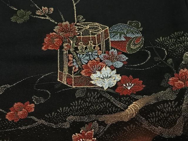 平和屋着物＃羽織　寿光織　枝花文　黒地　金銀糸　正絹　逸品　CABG3994ua