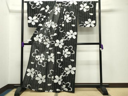 平和屋着物∴夏物 綿紅梅 浴衣 舞桜文 黒地 綿 逸品 CABG4002gh