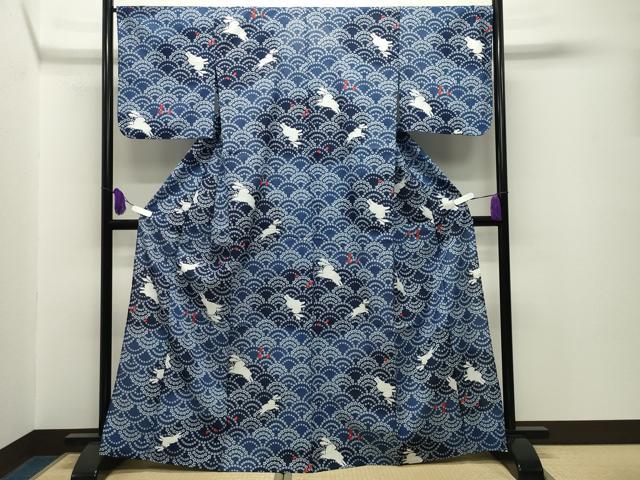 平和屋着物∴夏物 浴衣 跳兎 青海波舞桜文 綿 逸品 CABG4005gh