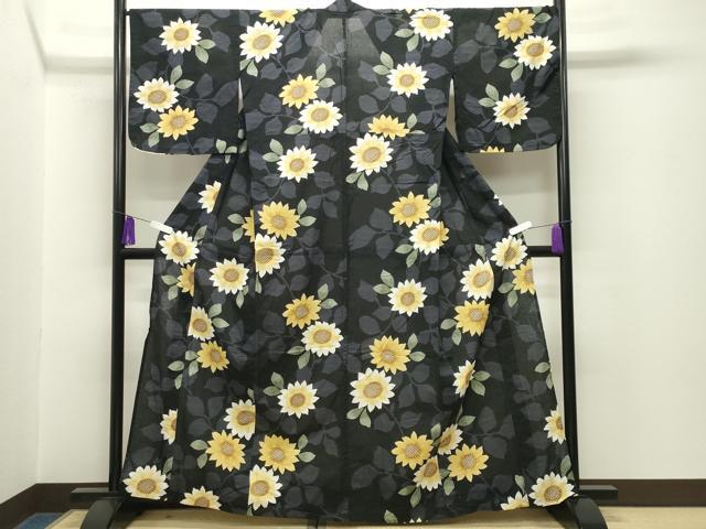 平和屋着物∴夏物 浴衣 ひまわり 黒地 綿 逸品 CABG4017gh