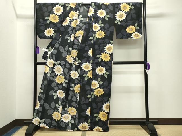 平和屋着物∴夏物 浴衣 ひまわり 黒地 綿 逸品 CABG4017gh