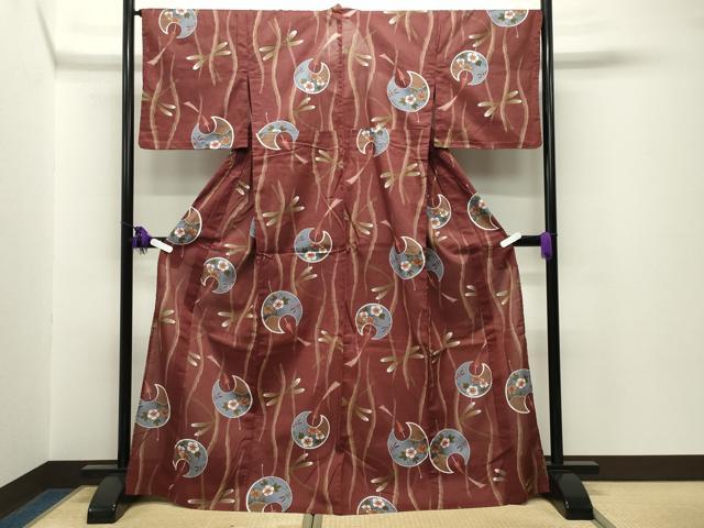 平和屋着物∴夏物 綿紅梅 浴衣 トンボ 風鈴 花唐草文 綿 逸品 CABG4018gh