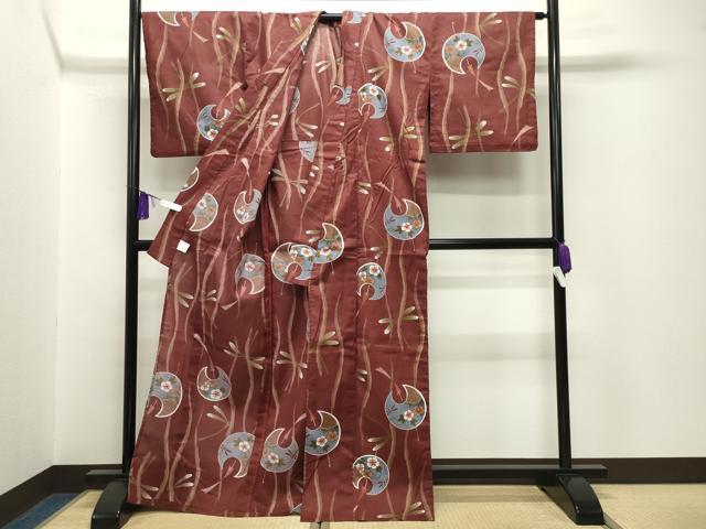 平和屋着物∴夏物 綿紅梅 浴衣 トンボ 風鈴 花唐草文 綿 逸品 CABG4018gh