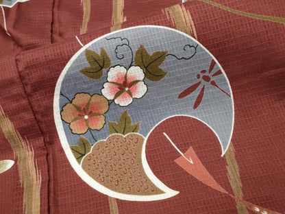 平和屋着物∴夏物 綿紅梅 浴衣 トンボ 風鈴 花唐草文 綿 逸品 CABG4018gh