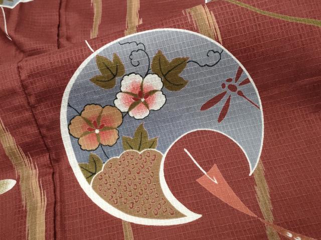 平和屋着物∴夏物 綿紅梅 浴衣 トンボ 風鈴 花唐草文 綿 逸品 CABG4018gh