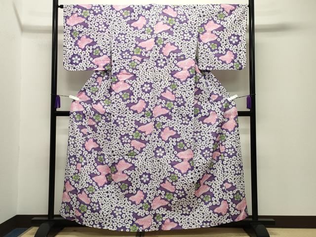 平和屋着物∴夏物 綿紅梅 浴衣 舞蝶桜文 綿 逸品 CABG4024gh
