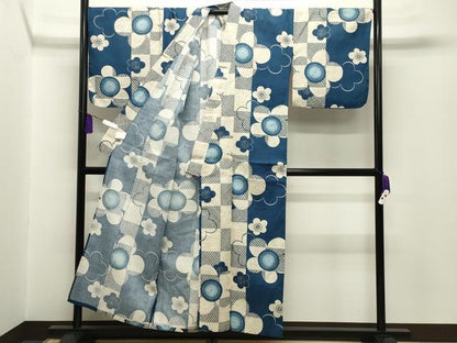 平和屋着物∴夏物 綿紅梅 浴衣 市松舞梅文 綿 逸品 CABG4025gh