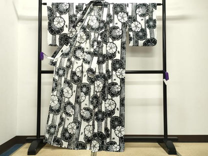 平和屋着物∴夏物 浴衣 舞花文 黒地 綿麻 逸品 CABG4027gh