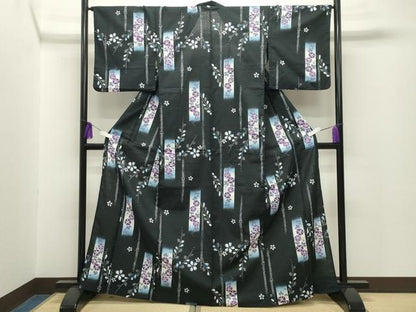 平和屋着物∴夏物 浴衣 朝顔 舞桜文 黒地 CABG4030gh