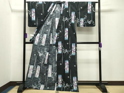 平和屋着物∴夏物 浴衣 朝顔 舞桜文 黒地 CABG4030gh