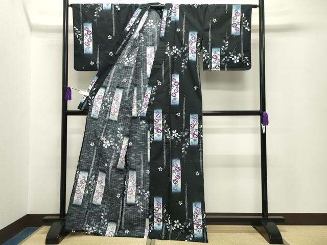 平和屋着物∴夏物 浴衣 朝顔 舞桜文 黒地 CABG4030gh