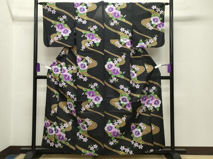 平和屋着物∴夏物 浴衣 ハイビスカス 黒地 綿 逸品 CABG4033gh