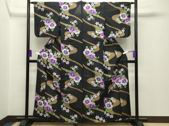 平和屋着物∴夏物 浴衣 ハイビスカス 黒地 綿 逸品 CABG4033gh