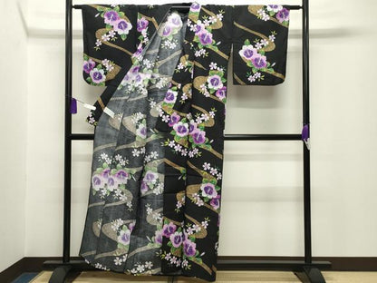 平和屋着物∴夏物 浴衣 ハイビスカス 黒地 綿 逸品 CABG4033gh