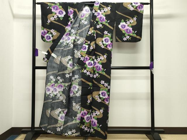 平和屋着物∴夏物 浴衣 ハイビスカス 黒地 綿 逸品 CABG4033gh