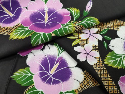 平和屋着物∴夏物 浴衣 ハイビスカス 黒地 綿 逸品 CABG4033gh