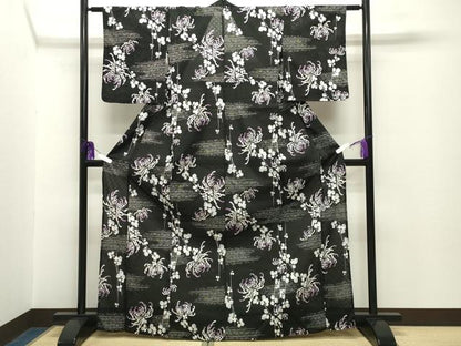 平和屋着物∴夏物 浴衣 裏菊花文 黒地 綿 逸品 CABG4034gh
