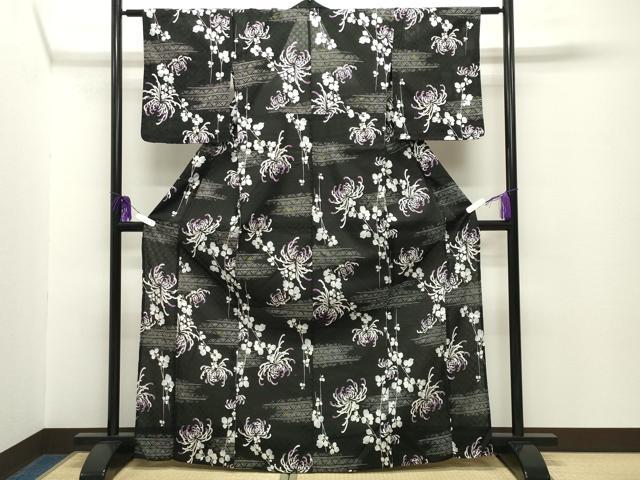平和屋着物∴夏物 浴衣 裏菊花文 黒地 綿 逸品 CABG4034gh