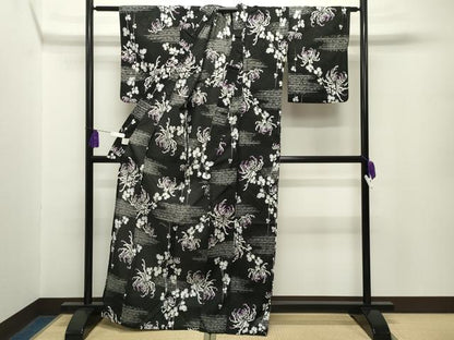 平和屋着物∴夏物 浴衣 裏菊花文 黒地 綿 逸品 CABG4034gh