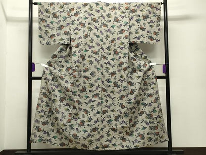 平和屋着物∴夏物 浴衣 型染め 扇面飛鶴花文 綿 逸品 CABG4041gh