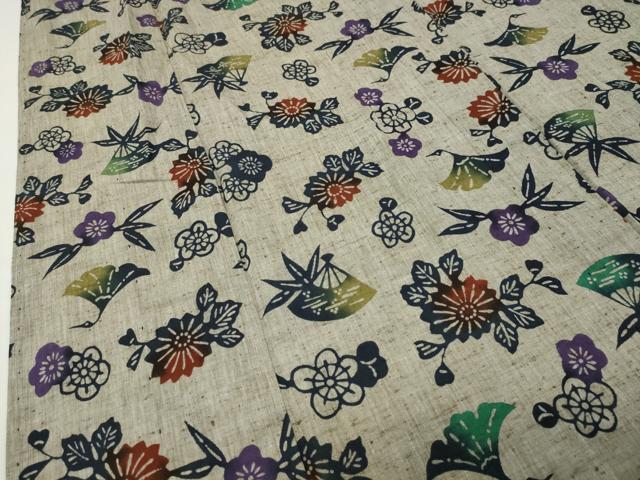 平和屋着物∴夏物 浴衣 型染め 扇面飛鶴花文 綿 逸品 CABG4041gh