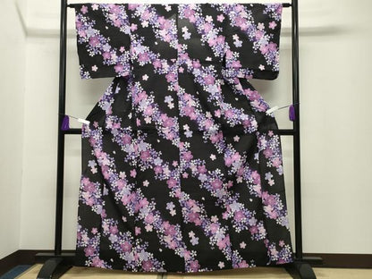 平和屋着物∴夏物 浴衣 舞桜文 黒地 綿 逸品 CABG4042gh