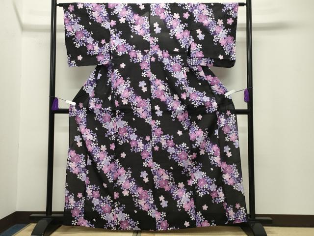 平和屋着物∴夏物 浴衣 舞桜文 黒地 綿 逸品 CABG4042gh