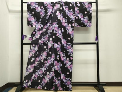 平和屋着物∴夏物 浴衣 舞桜文 黒地 綿 逸品 CABG4042gh