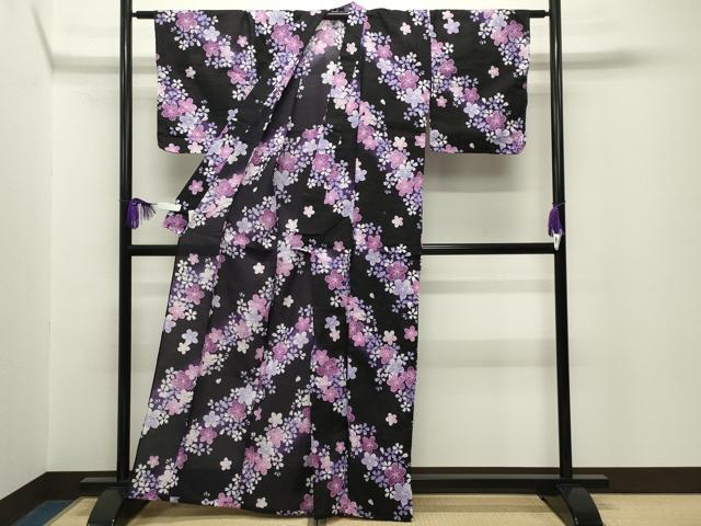平和屋着物∴夏物 浴衣 舞桜文 黒地 綿 逸品 CABG4042gh