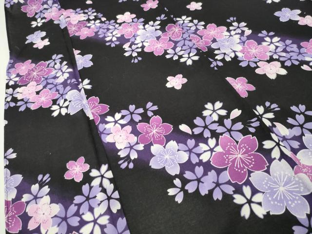 平和屋着物∴夏物 浴衣 舞桜文 黒地 綿 逸品 CABG4042gh