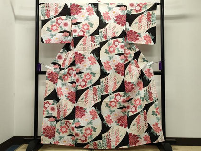 平和屋着物∴夏物 綿紅梅 浴衣 草花文 黒地 綿 逸品 CABG4045gh