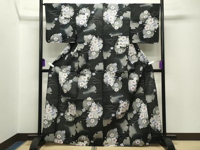 平和屋着物∴夏物　浴衣　雪輪重ね梅文　黒地　綿　逸品　CABG4067gh