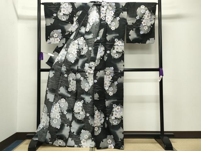 平和屋着物∴夏物　浴衣　雪輪重ね梅文　黒地　綿　逸品　CABG4067gh