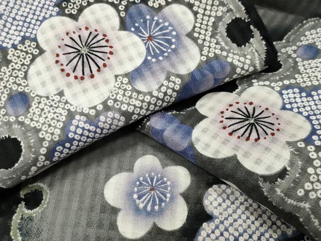 平和屋着物∴夏物　浴衣　雪輪重ね梅文　黒地　綿　逸品　CABG4067gh