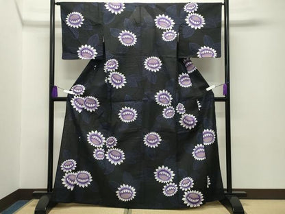 平和屋着物∴夏物 浴衣 草花文 黒地 綿 逸品 CABG4071gh