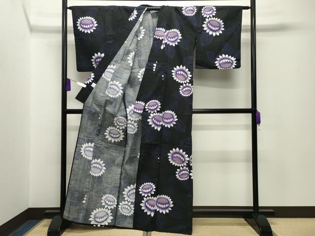 平和屋着物∴夏物 浴衣 草花文 黒地 綿 逸品 CABG4071gh