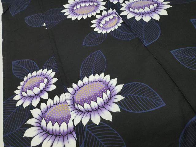 平和屋着物∴夏物 浴衣 草花文 黒地 綿 逸品 CABG4071gh